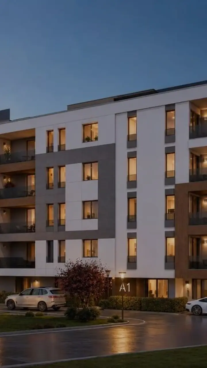 Render pročelja stambene zgrade Montenov u Međugorju s osvijetljenim balkonima