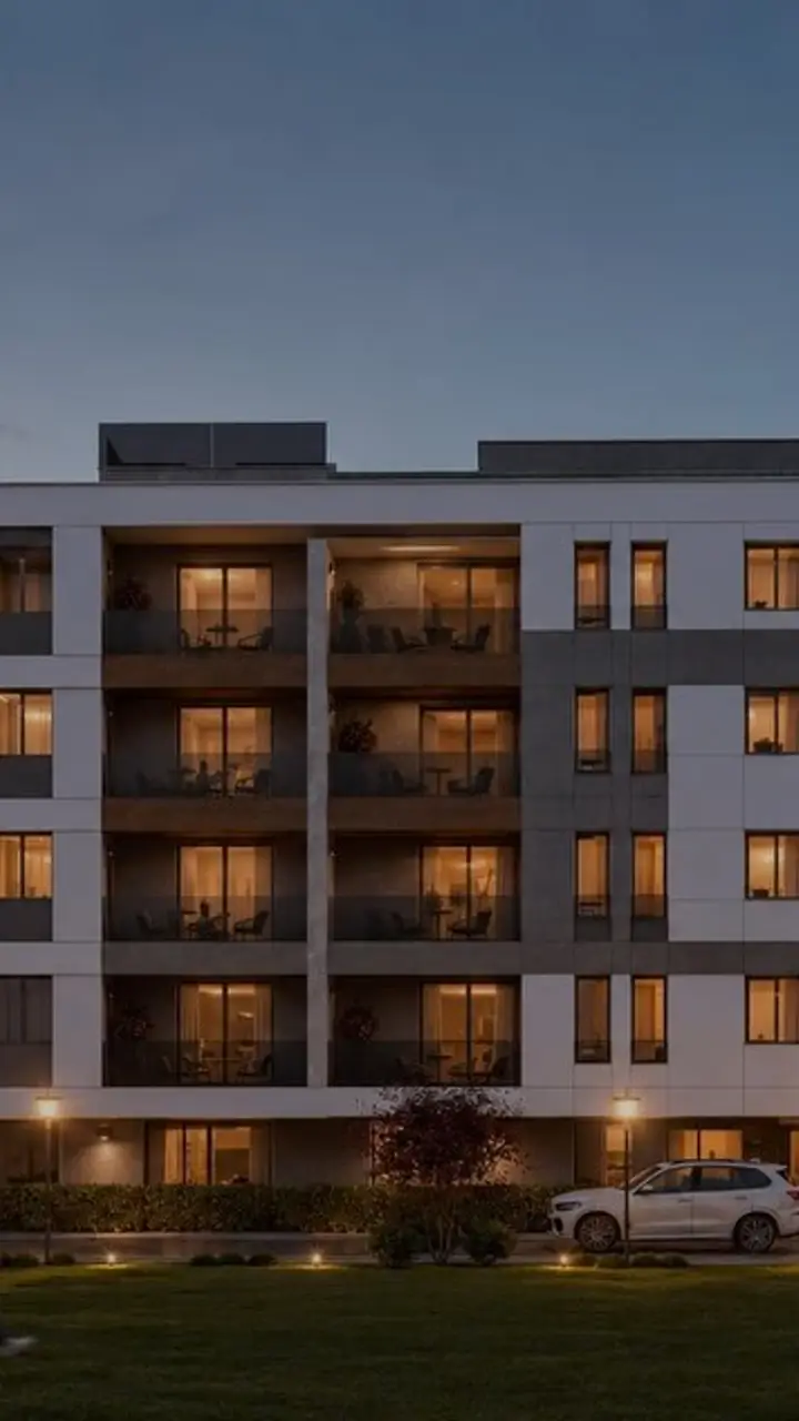 Render stambene zgrade Montenov u Međugorju, pogled s ulice u sumrak
