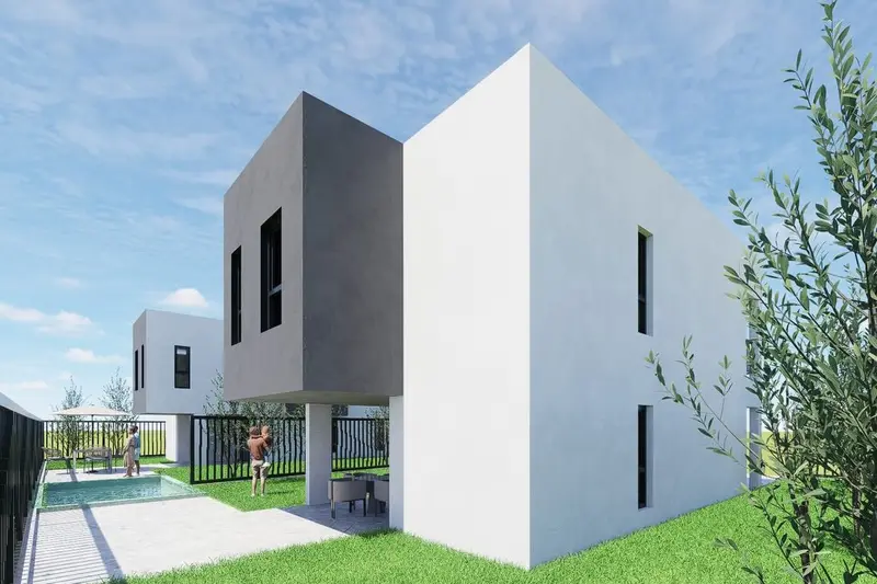 Render kuće Montenov s bazenom u dvorištu i susjednom kućom u pozadini