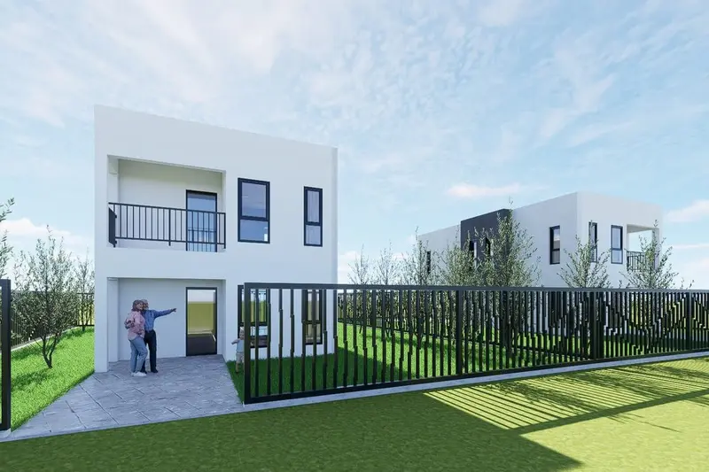 Render dvorišta kuće Montenov s ogradom i travnjakom