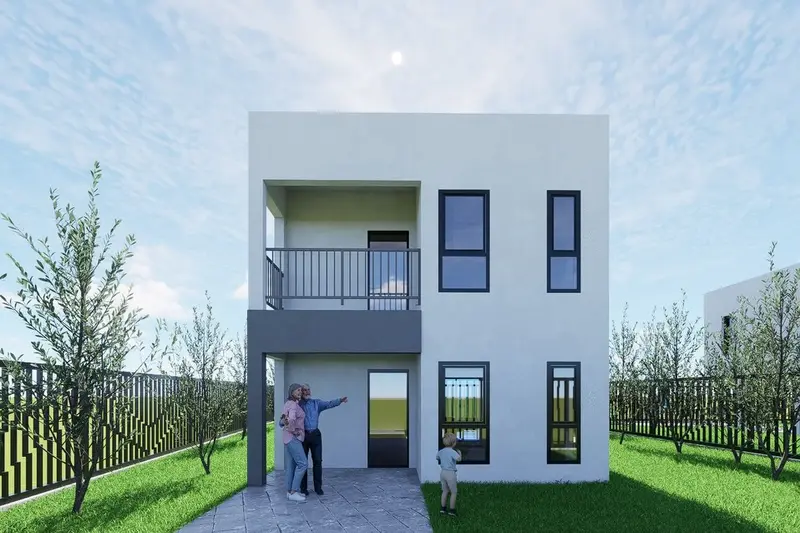 Render pročelja kuće Montenov, ulaz i balkon na katu