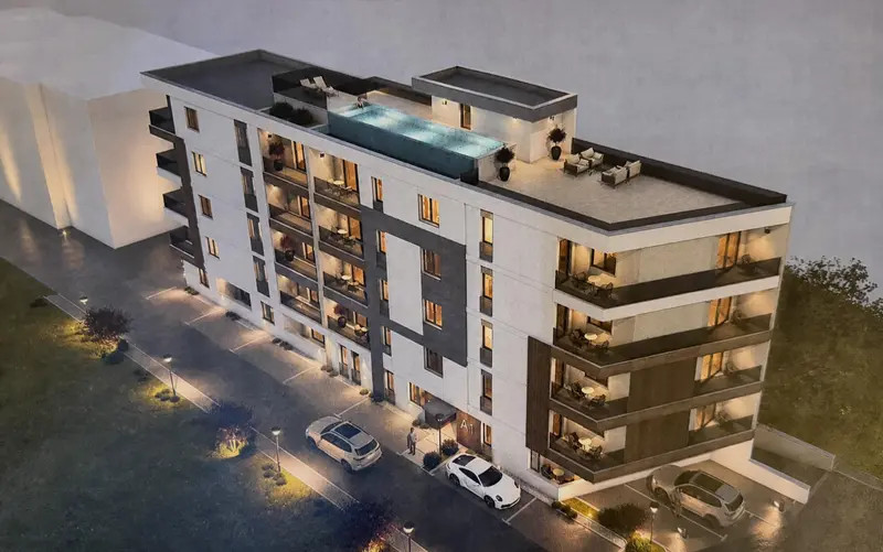 Render zgrade odozgo: bazen na krovu, terasa s ležaljkama i parking ispred zgrade