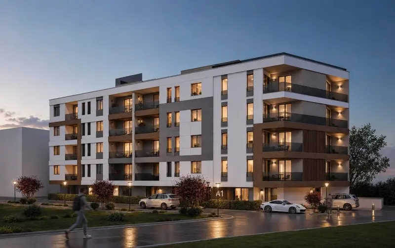 Render pročelja zgrade u sumrak s osvijetljenim balkonima i ulazom A1